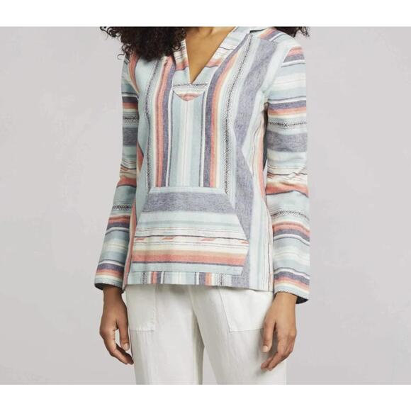 Faherty Tops - Faherty Sierra Paradise Baja Blue Striped Hooded Pullover Poncho - Size - Small